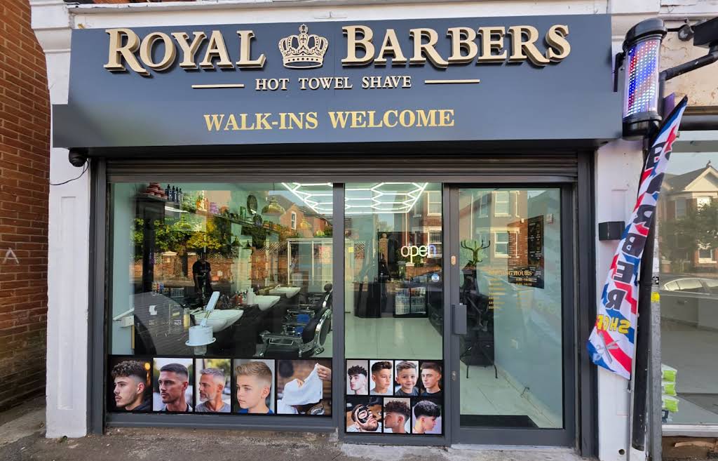 Royal Barbers Shirley shop front with gold signage